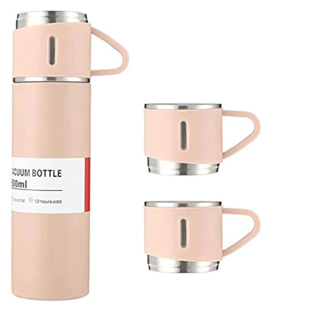 Garrafa Térmica 500ML + 3 Xícaras Aço Inoxidável - Rosa